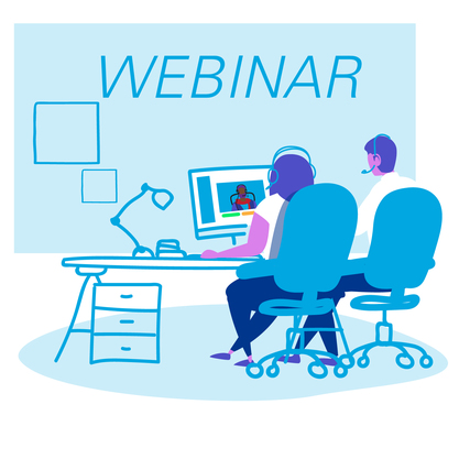 Webinar graphic with two people sitting at desk